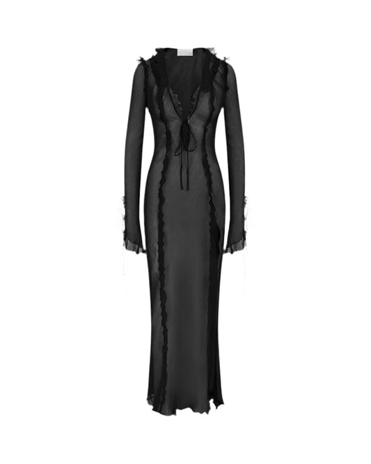 Noir Élégance – Transparentes Maxikleid mit Rüschen